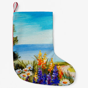 oil painting flowers near the sea, camomile field, small christmas stocking