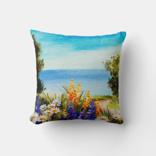oil painting flowers near the sea, camomile field, throw pillow