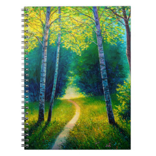 Oil painting forest landscape, beautiful solar roa notebook