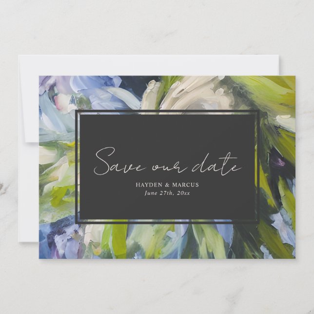 Oil Painting Inspired Florals Blue Wedding Save The Date (Front)