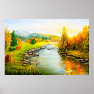  oil painting of beautifl autumn landscape, forest poster