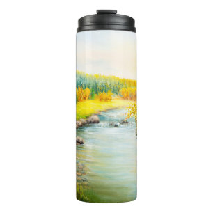oil painting of beautifl autumn landscape, forest thermal tumbler