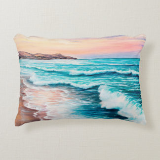  oil painting of beautiful purple sunset over ocea accent pillow