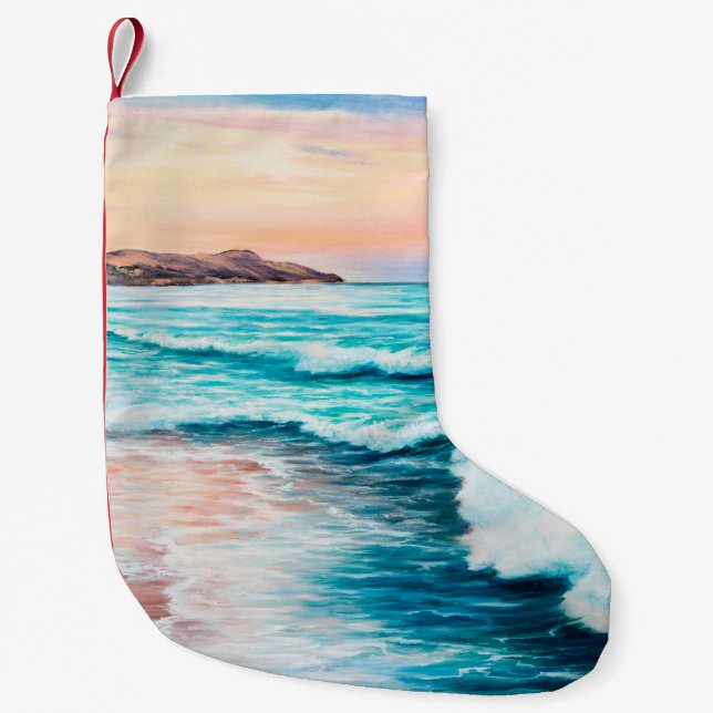  oil painting of beautiful purple sunset over ocea small christmas stocking (Front)