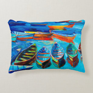 oil painting of boats and sea on canvas. Sunset o Accent Pillow