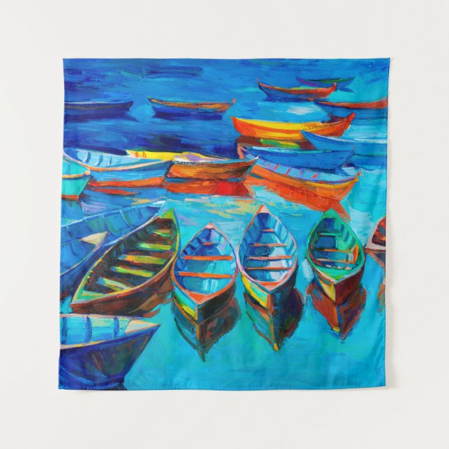  oil painting of boats and sea on canvas. Sunset o Tapestry (Front)