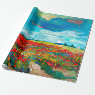  oil painting of fields of flowers on canvas. Coun Wrapping Paper