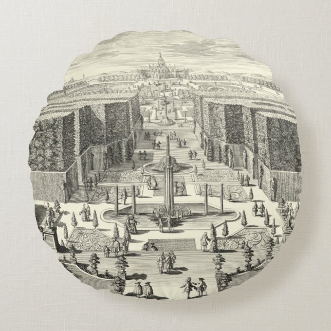 Oil Painting of Fountains at Garden of Versailles Round Pillow (Front)