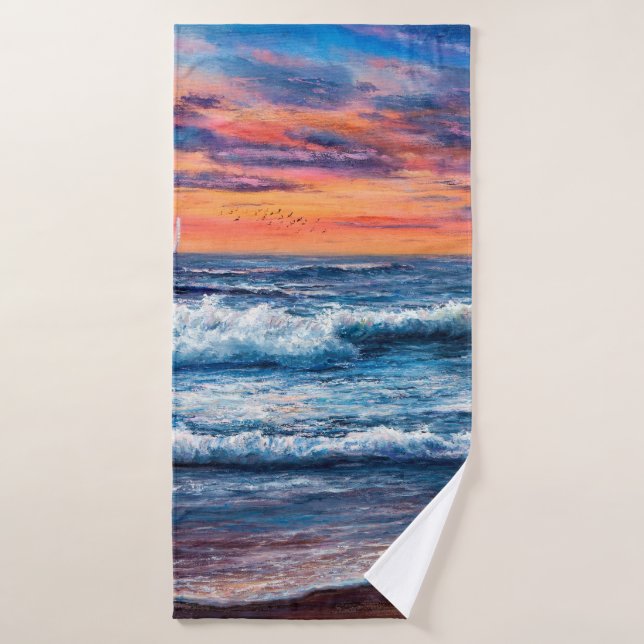  oil painting of Ocean and beach on canvas. Rich g Bath Towel (Bath Towel)