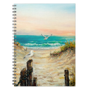 oil painting of ocean beach dunes with seagulls o notebook