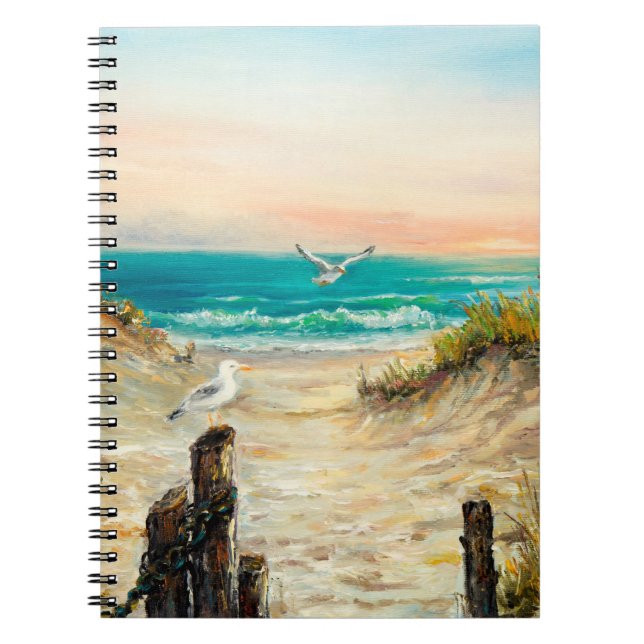  oil painting of ocean beach dunes with seagulls o notebook (Front)