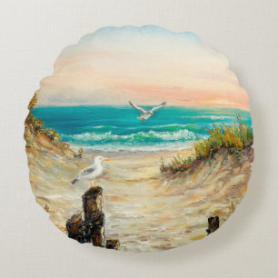 oil painting of ocean beach dunes with seagulls o round pillow