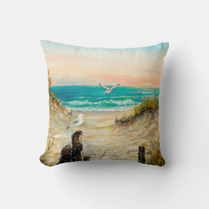 oil painting of ocean beach dunes with seagulls o throw pillow