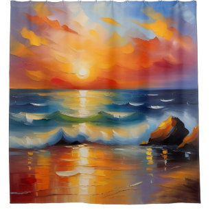 Oil Painting of orange sunset over the ocean
