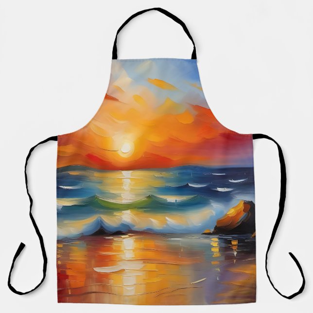 Oil Painting of orange sunset over the ocean Apron (Front)