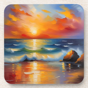 Oil Painting of orange sunset over the ocean Coaster