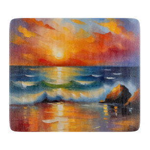 Oil Painting of orange sunset over the ocean Cutting Board