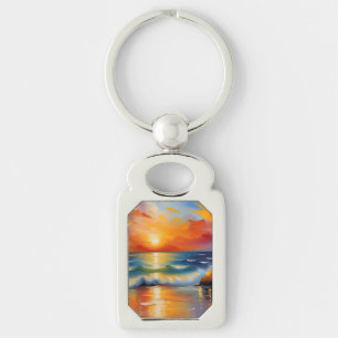 Oil Painting of orange sunset over the ocean Keychain