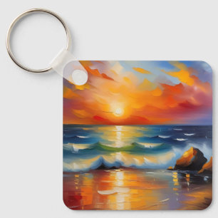 Oil Painting of orange sunset over the ocean Keychain