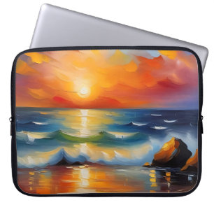 Oil Painting of orange sunset over the ocean Laptop Sleeve