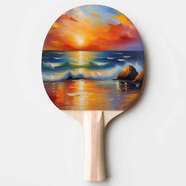 Oil Painting of orange sunset over the ocean Ping Pong Paddle (Front)