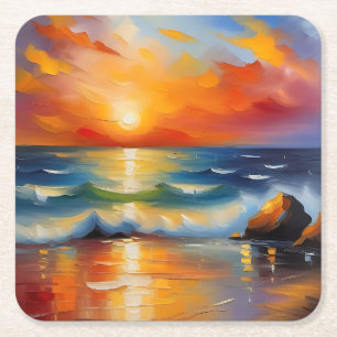 Oil Painting of orange sunset over the ocean Square Paper Coaster