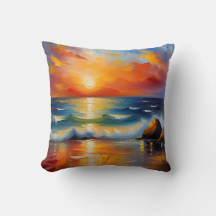 Oil Painting of orange sunset over the ocean Throw Pillow
