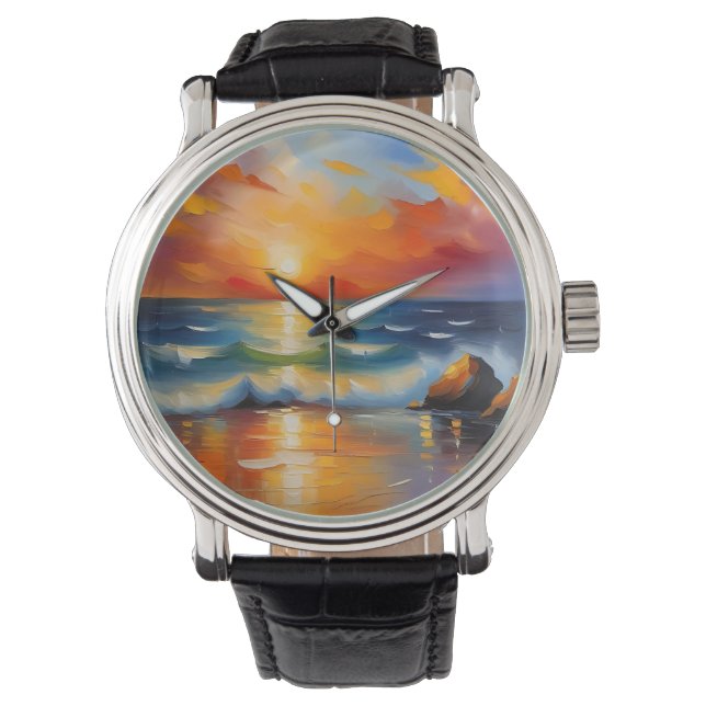 Oil Painting of orange sunset over the ocean Watch (Front)