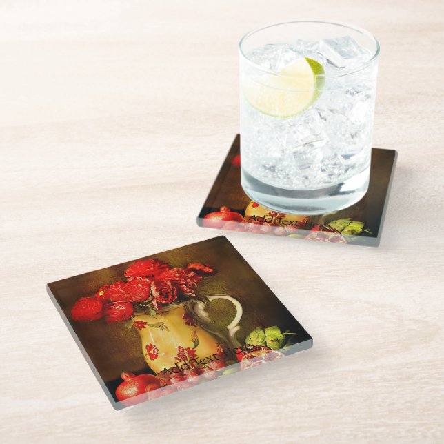 Oil Painting of Red Flowers and Fresh Fruits Glass Coaster (Angled)