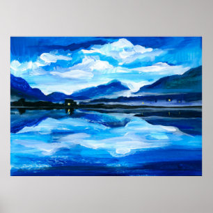 Oil Painting of the twilight on mountain lake. Al Poster