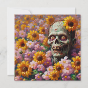 Oil Painting of Zombie in Flower Field Halloween Card