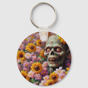 Oil Painting of Zombie in Flower Field Halloween Keychain