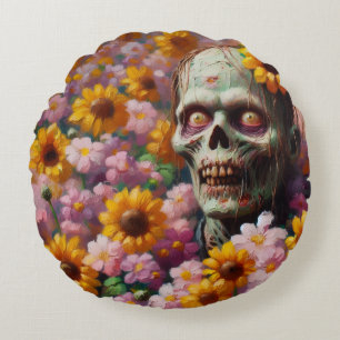 Oil Painting of Zombie in Flower Field Halloween Round Pillow