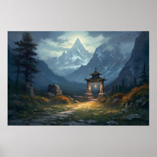 Oil painting old stone path through Asian gateway Poster