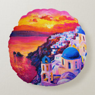  oil painting on canvas. Sunset over the island. M Round Pillow