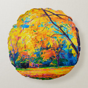 oil painting on canvas. Yellow trees. Modern art. Round Pillow