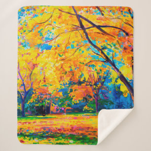  oil painting on canvas. Yellow trees. Modern art. Sherpa Blanket