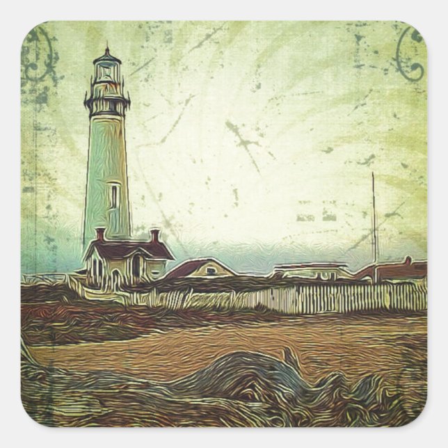 oil painting seashore nautical beach Lighthouse Square Sticker (Front)