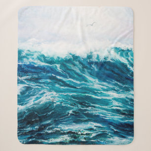 oil painting showing waves in ocean or sea on can sherpa blanket