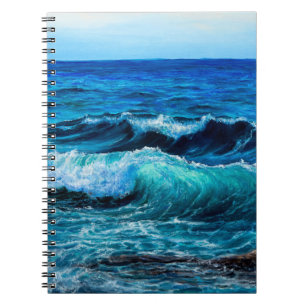 Oil painting showing waves in ocean or sea on canv notebook