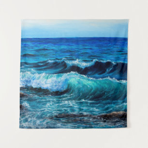Oil painting showing waves in ocean or sea on canv tapestry