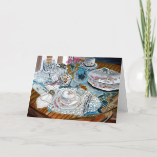 oil painting still life china tea set dinnerware card