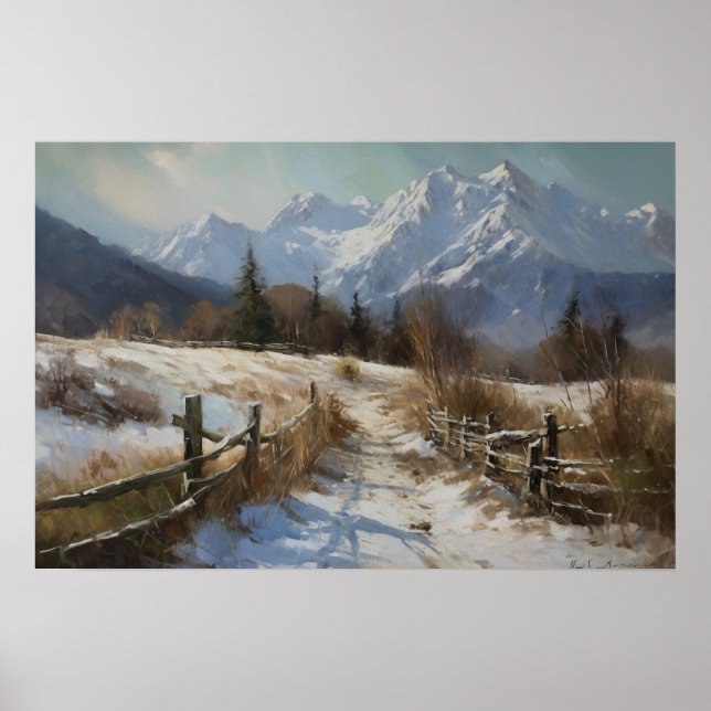Oil painting winding path west mountain foothills poster (Front)