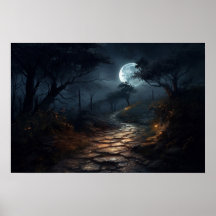 Oil painting winding stone path in moonlight