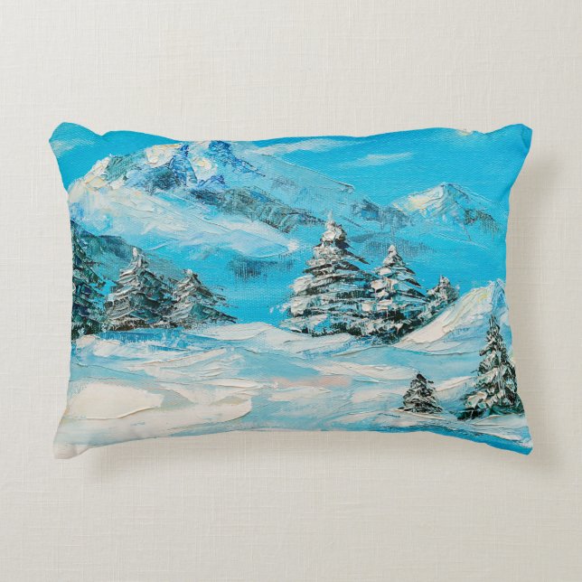 oil painting, winter mountain landscape with spru accent pillow (Front)