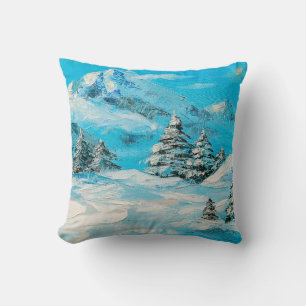  oil painting, winter mountain landscape with spru throw pillow
