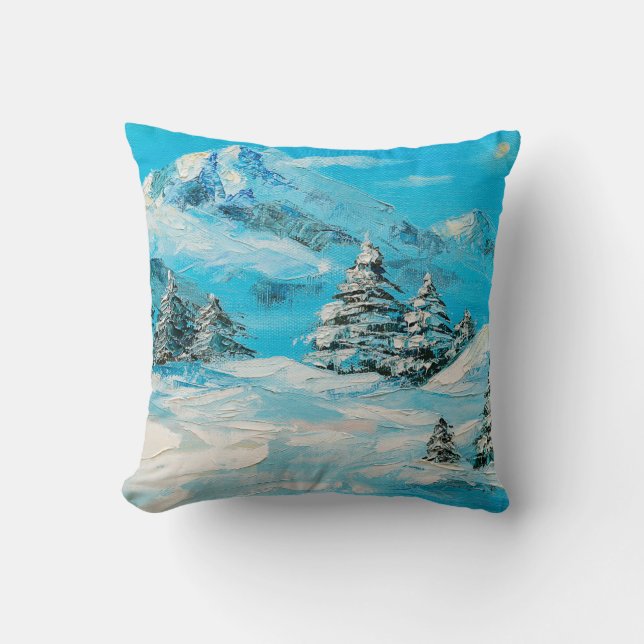  oil painting, winter mountain landscape with spru throw pillow (Front)