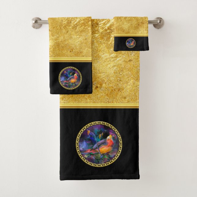 Oil painting yellow orange and purple sparrow bath towel set (Insitu)
