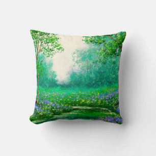 Oil paintings landscape, spring, tree in the fores throw pillow
