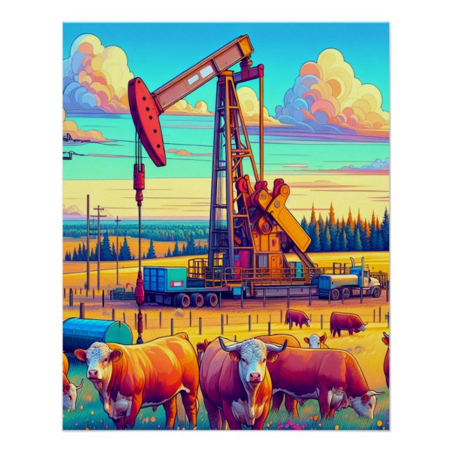 Oil Pump Jack and Cattle Scene Poster (Front)